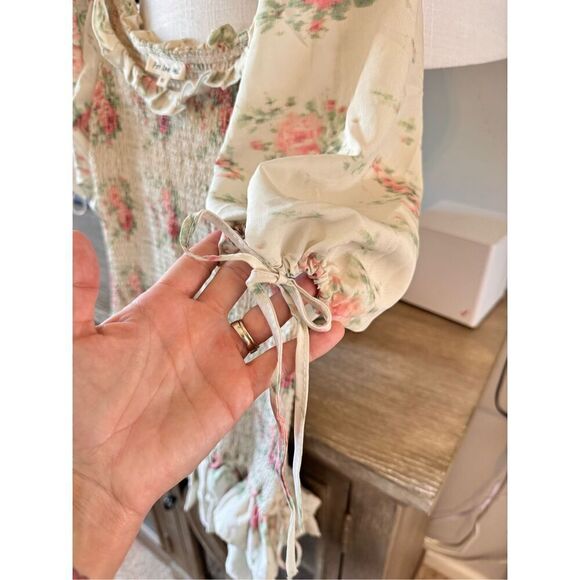 For Love Bell Puff Sleeve Smocked Floral Mini Dress Ruffles Size Medium - Picture 8 of 12